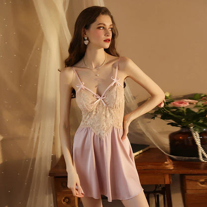 Cralom V Lace Backless Satin Nightgown Suspender Pajamas,Loungewear Chic Nightdress