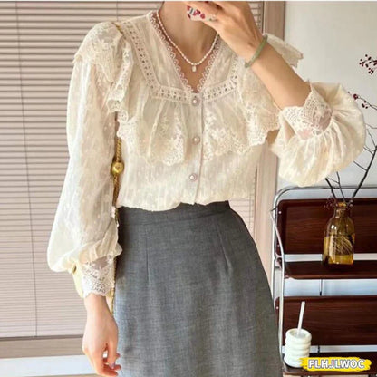 Cralom Elegant Ruffled White Blouse for Women's Office Chicwear