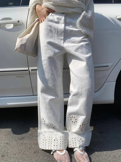 Cralom White Embroidery Hollow Out Wide Leg Jeans