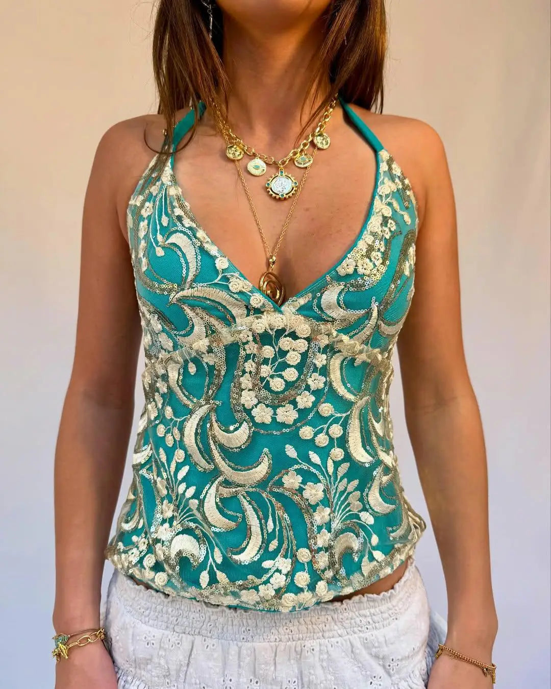 Cralom Sequin Halter Vest: Glittery Beaded Boho Crop Top for Summer Beach Looks