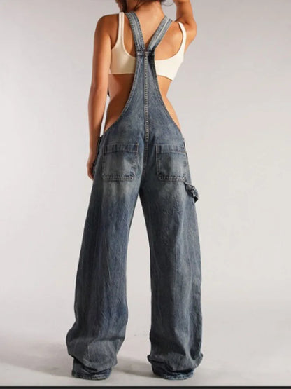 Cralom High Waist Backless Overalls Vintage Jeans - Trendy Y2k Style