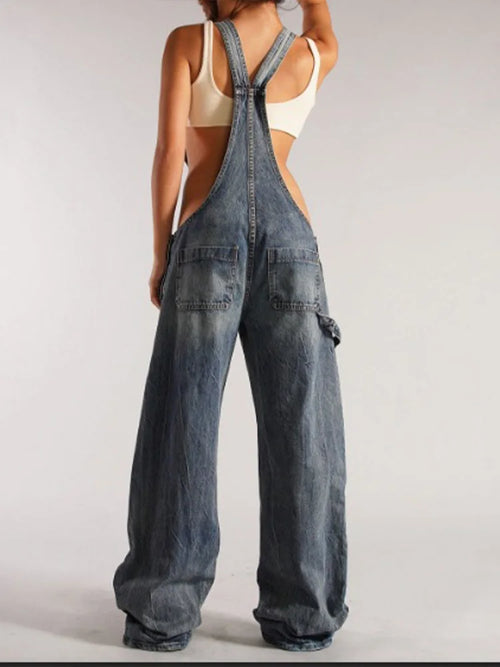 Cralom High Waist Backless Overalls Vintage Jeans - Trendy Y2k Style