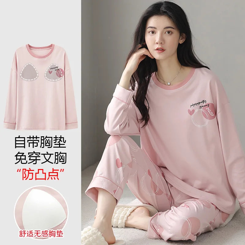 Cralom Cotton Pajama Set with Chest Pads, Long-sleeved Soft Sleepwear for Women