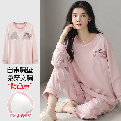 Cralom Cotton Pajama Set with Chest Pads, Long-sleeved Soft Sleepwear for Women