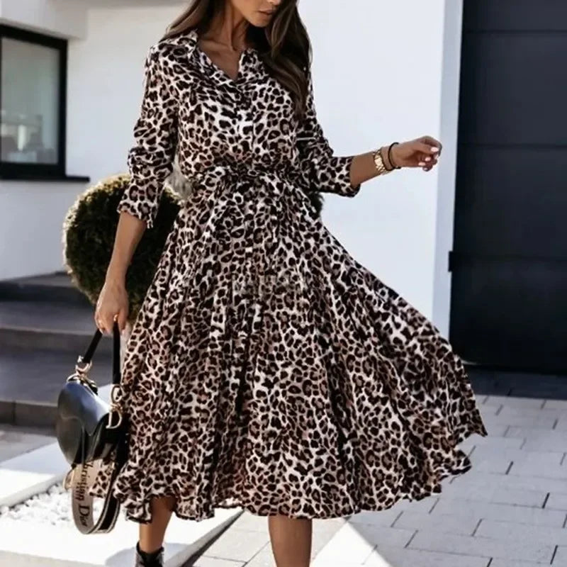 Cralom Leopard Print Swing Lace-Up Dress