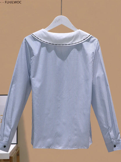 Cralom Embroidered Peter Pan Collar Blouse Long Sleeve Preppy Style Striped Shirt