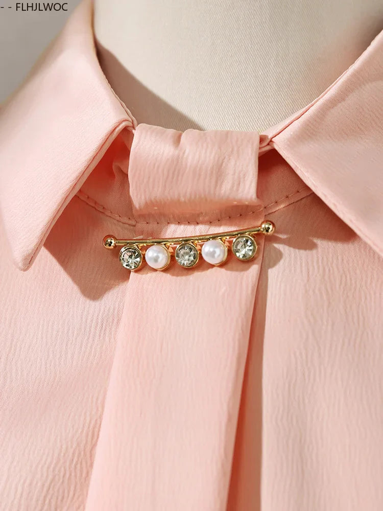 Cralom French Elegance Pink Blouse Long Sleeve Beaded Tops Office Lady New Design 2025