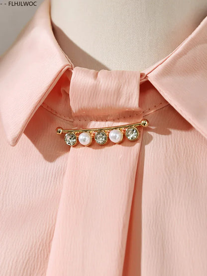 Cralom French Elegance Pink Blouse Long Sleeve Beaded Tops Office Lady New Design 2025