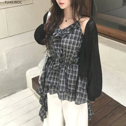 Cralom Plaid Peplum Top: Sleeveless Retro Ruffles and Slim Fit Blouse