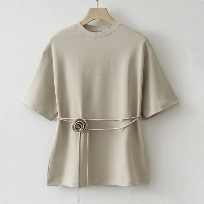 Cralom Lace Up Flower Shirt - Short Sleeve O-Neck Spring Outwear