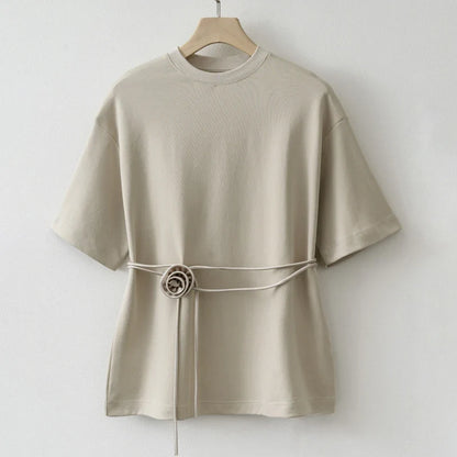 Cralom Lace Up Flower Shirt - Short Sleeve O-Neck Spring Outwear