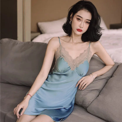 Cralom Luxury Ice Silk Suspender Nightgown Set with Chest Pad - Women's Sexy Pajamas