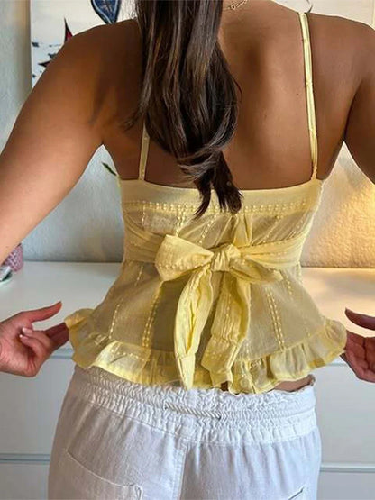 Cralom Yellow Ruffles Backless Tank Top - Summer Sweet Street Style