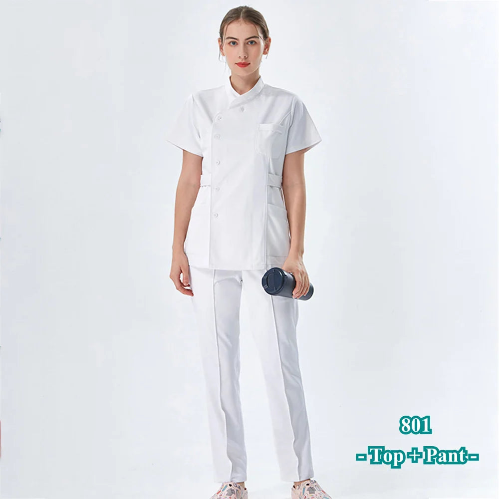Cralom White Nurse Scrub Set Top and Pant - Hospital Workwear Suit