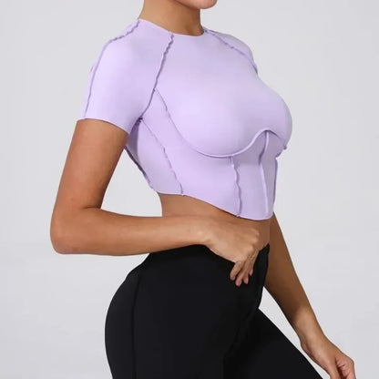 Cralom Seamless Yoga Short Sleeve Top for Running Workout - No Padding