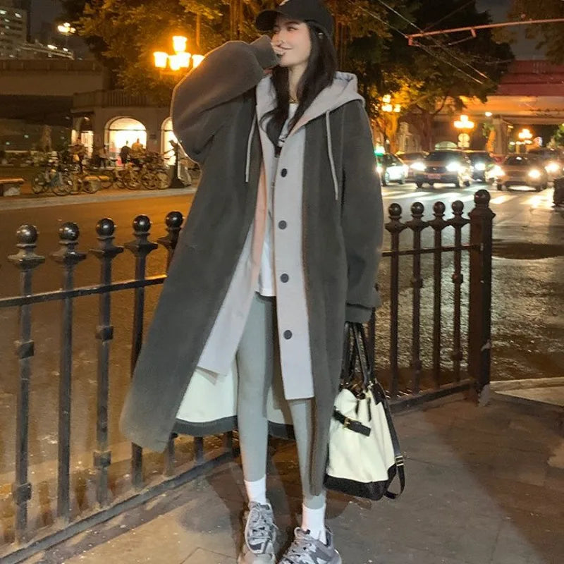 Cralom Imitation Lambswool Long Coat with High Hood, Korean Style Two-piece Design