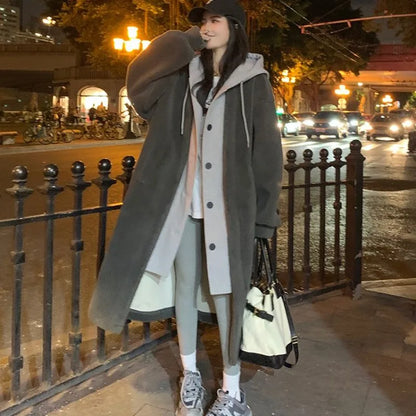 Cralom Imitation Lambswool Long Coat with High Hood, Korean Style Two-piece Design