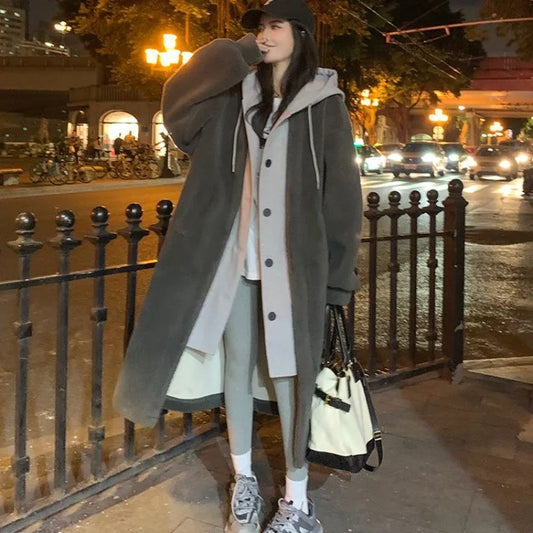 Cralom Imitation Lambswool Long Coat with High Hood, Korean Style Two-piece Design