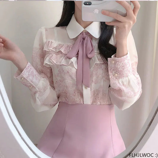 Cralom Ruffled Bow Tie Tops Pink White Blouses