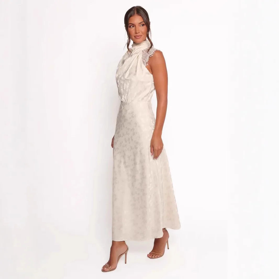 Cralom Solid Color Lace Dress with Hanging Neck and Waist for Women