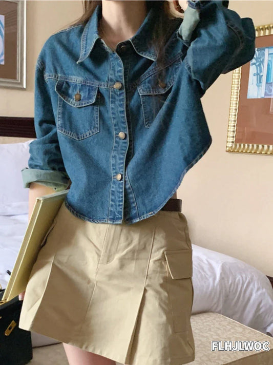 Cralom Women's Denim Jacket | Long Sleeve Casual Preppy Style Blue Jeans Coat