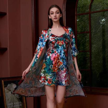 Elegant Floral Print Satin Pajama Set with Robe, Dress, and Suspender - Cralom