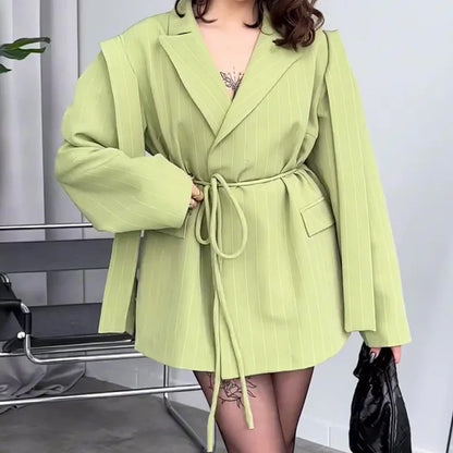 Cralom Spliced Lace Up Loose Jacket - Stylish Lapel Design