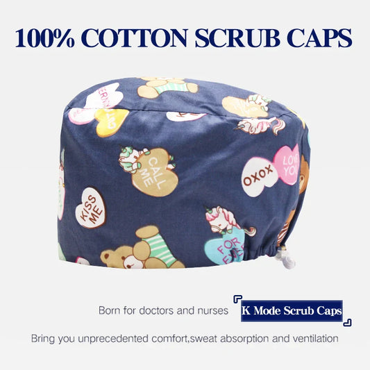 Cralom Bear Print Nurse Cap - Unisex Scrub Hat for Veterinary & Medical Use