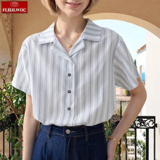 Cralom 2025 Summer Striped Button Blouse - Short Sleeve Casual Retro Top for Women