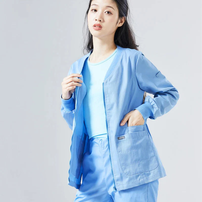 Cralom Knitted Zip Up Scrub Jacket: Long Sleeve Workwear Scrubs