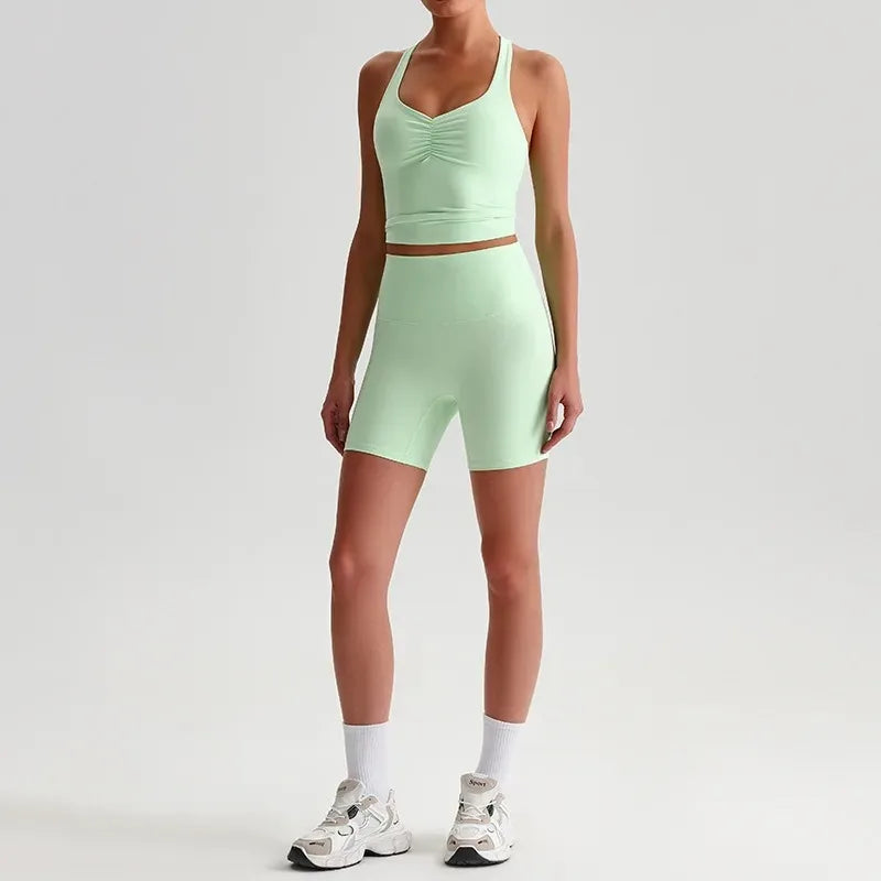 Cralom Women's Naked Feel Yoga Set with Backless Sports Bra and Butt Lifting Tight Shorts