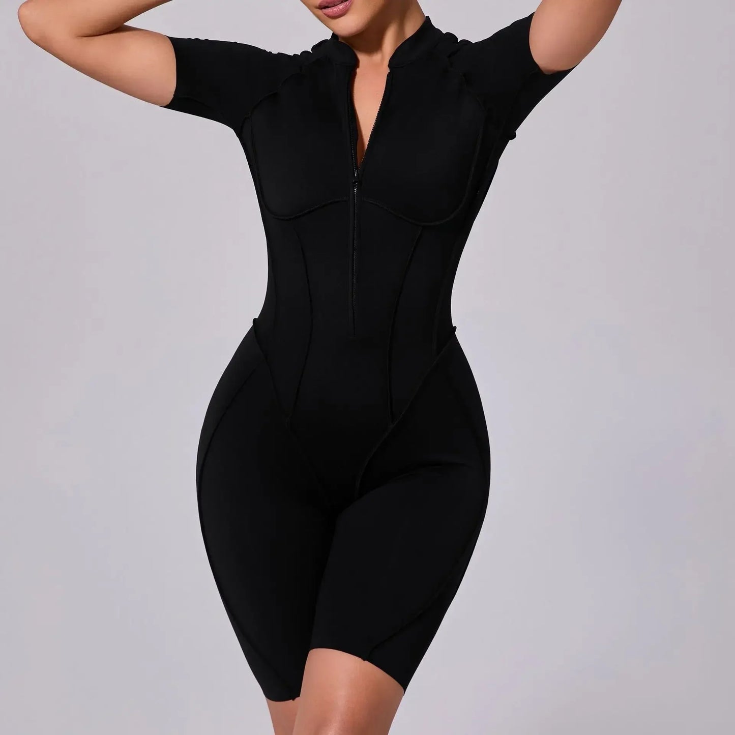 Cralom Zip Front Short Sleeve Jumpsuit - Summer Workout Activewear