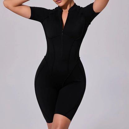 Cralom Zip Front Short Sleeve Jumpsuit - Summer Workout Activewear