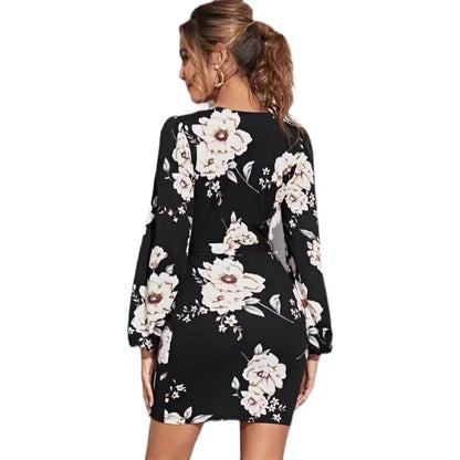 Cralom V-Neck Printed Long Sleeve Dress with Lace-Up Waist & Slim Fit
