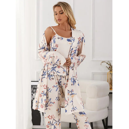 Cralom Satin Solid Color 3Pcs Pajama Set With Strap, Robe - Summer Sleepwear