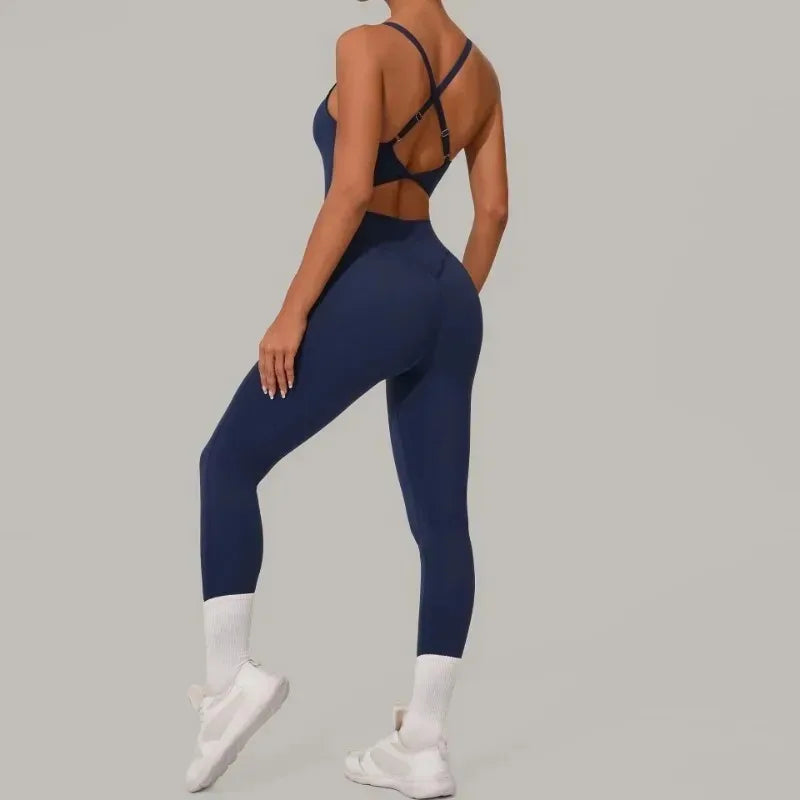 Cralom Seamless Yoga Jumpsuit, Adjustable Cross Waist, High Waisted, Butt Lifting Bodysuit
