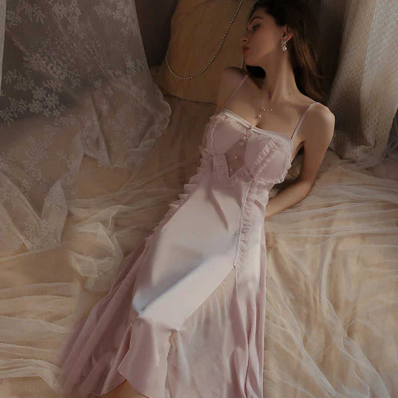 Cralom Silk Suspender Nightgown with Chest Pad, Elegant Nightwear for Women