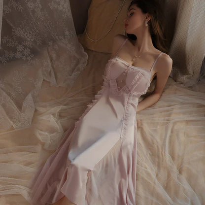 Cralom Silk Suspender Nightgown with Chest Pad, Elegant Nightwear for Women
