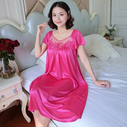 Cralom Women's Silk Nightgown: Medium Length Short Sleeve Nightdress Sleepwear Pyjama Loungewear