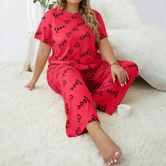 Cralom Satin Heart Print Pajama Set, Plus Size, Short-Sleeve Top and Pants, Relaxed Fit