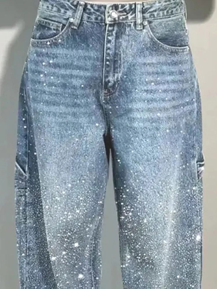 Cralom Rhinestone Wide Leg Vintage Jeans Women Y2K Korean Fashion Straight High Waist