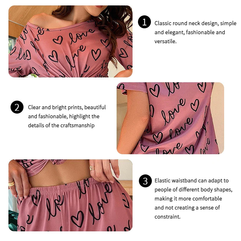 Cralom Dark Pink Letter Printed Pyjamas Set with Eye Mask