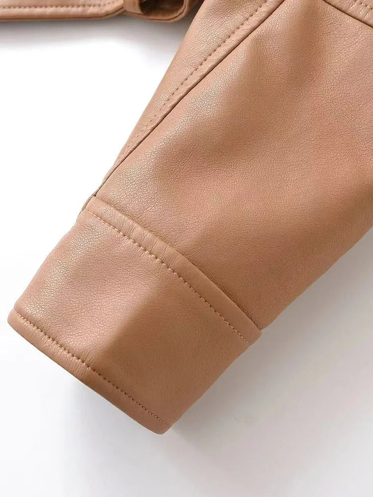 Cralom Faux Leather Jacket with Belt Zipper Lapel Spring Autumn Coat Women's Outwear