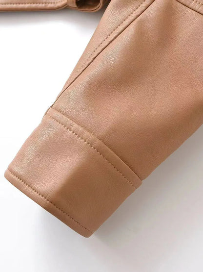 Cralom Faux Leather Jacket with Belt Zipper Lapel Spring Autumn Coat Women's Outwear