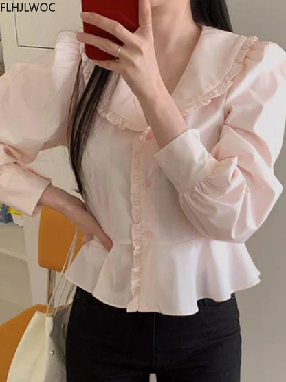 Cralom Pink Peplum Peter Pan Collar Shirt - Women's Preppy Style Top