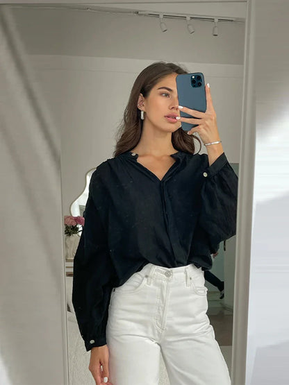 Cralom Solid Chiffon Shirt O Neck Long Sleeve Elegant Blouse