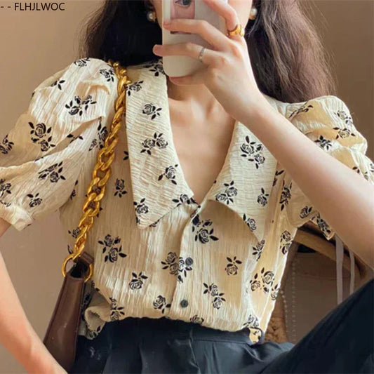 Cralom 2025 Summer Puff Sleeve Floral Print Vintage Shirts