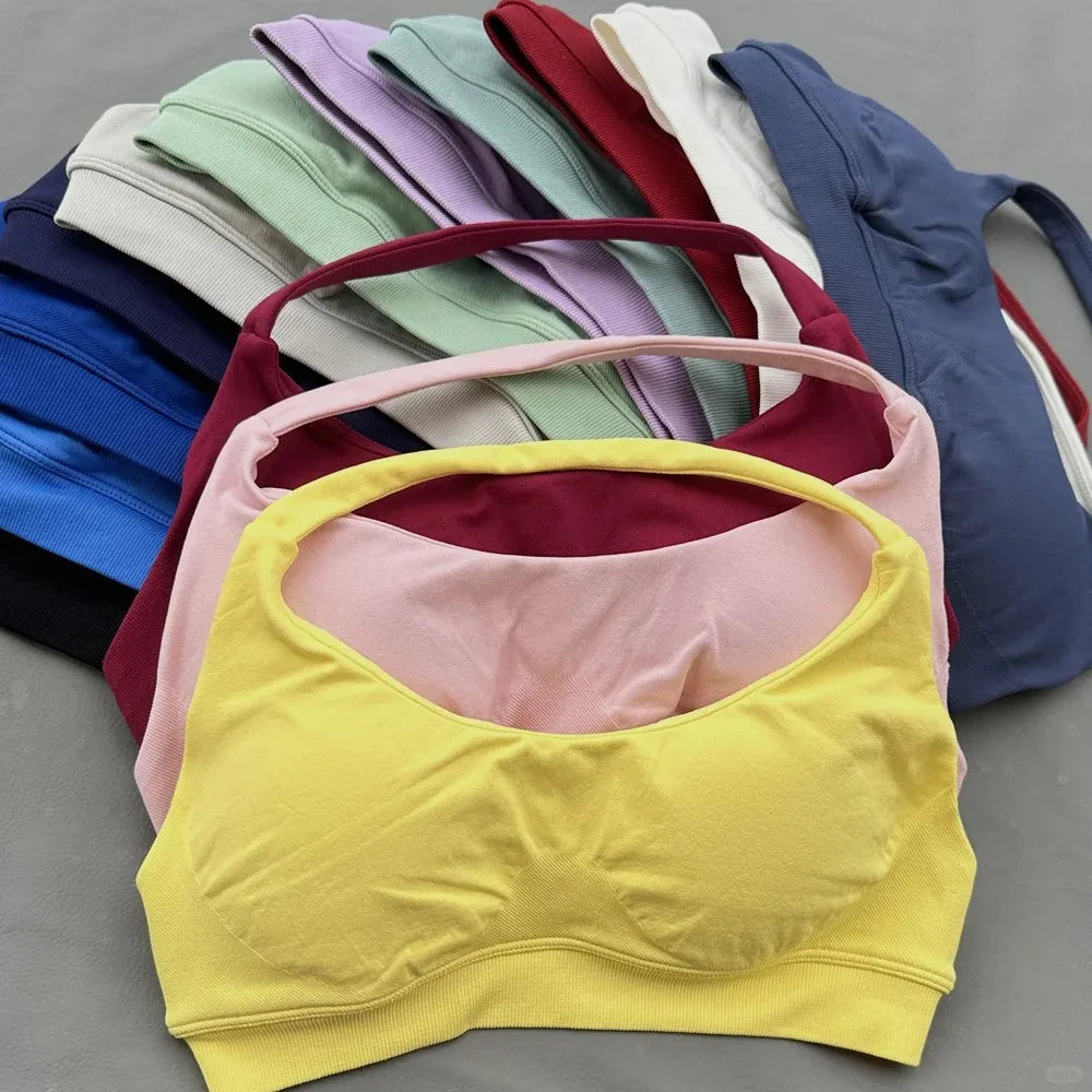 Cralom Yoga Halter Sports Bra Open Back Padded Crop Top Gym Fitness Running Top