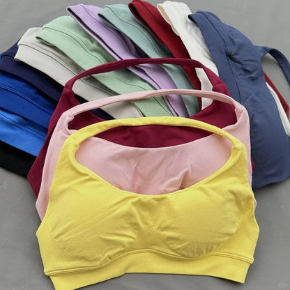 Cralom Yoga Halter Sports Bra Open Back Padded Crop Top Gym Fitness Running Top