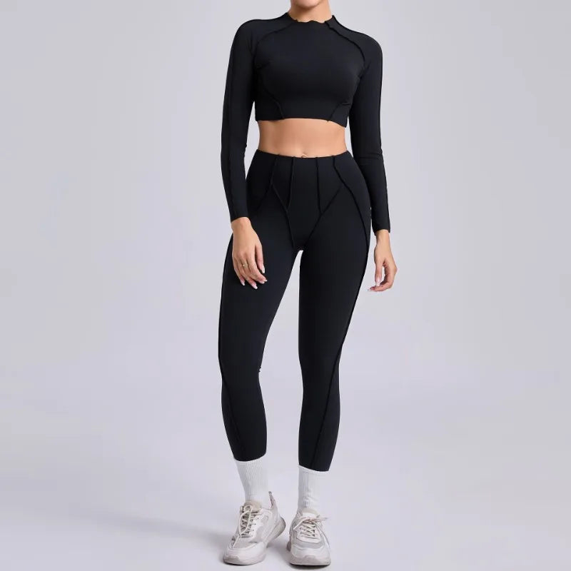 Cralom Seamless Yoga Set High Waisted Tummy Control Pleated Hip Lifting Workout Suit